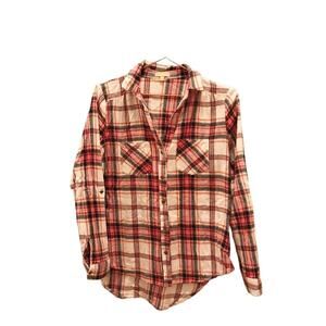 Takara button front v neck plaid flannel top size small